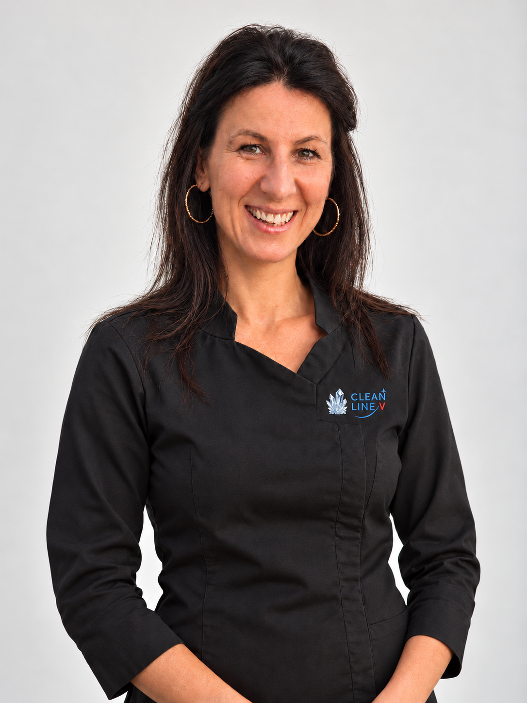 Vanja Babic wearing her black CLEAN LINE V uniform